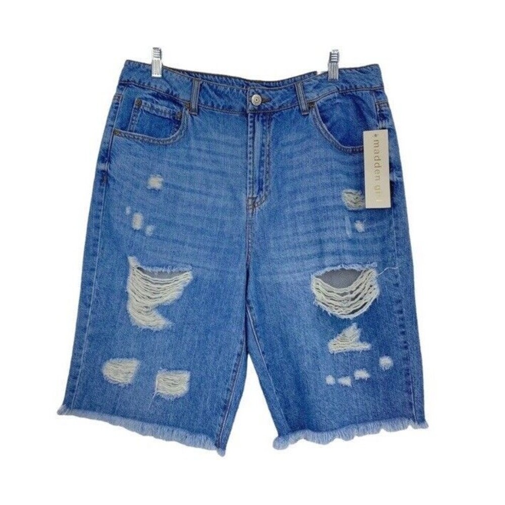 Madden Girl Bermuda Denim Raw Cut Off Destroyed Thrashed Shorts Boho Blue 31 NEW